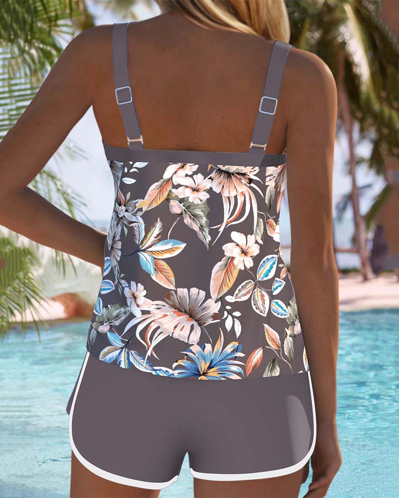 Tankini con escote en U sin mangas estampado