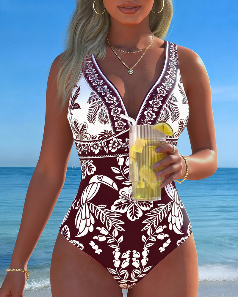 Traje de baño de una pieza tropical con flor y ave