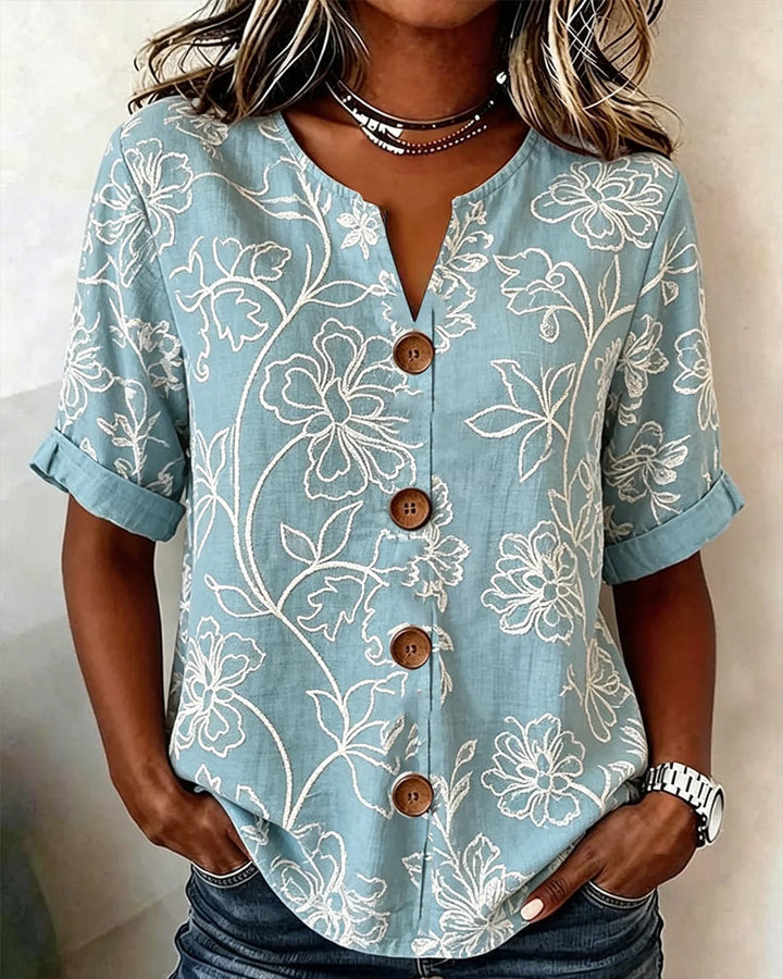 Blusa con escote en V estampado de peonía y botones