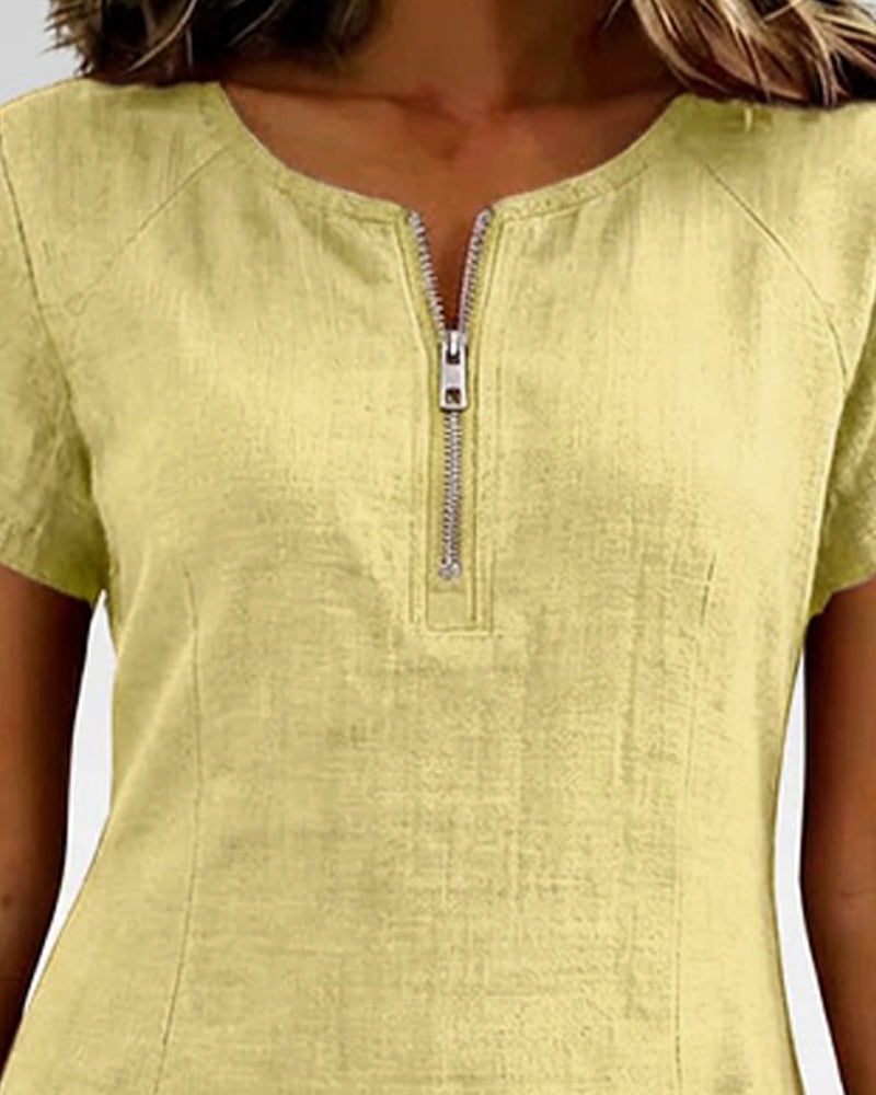 Vestido con cierre de cremallera y bolsillo, de algodón y lino.