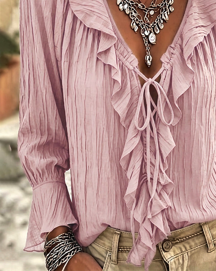 Blusa de manga larga con volante y ribete de encaje