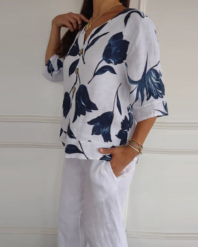 Top abotonado de algodón y lino con estampado floral