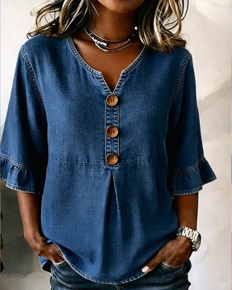 Blusa vaquera de cuello en V con manga acampanada