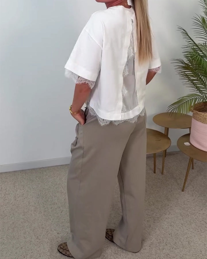 Blusa de espalda con abertura de encaje y manga corta