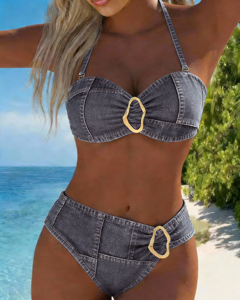 Bikini de dos piezas con liguero y hebilla metálica