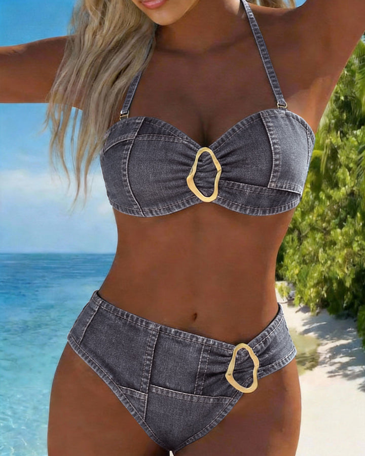 Bikini de dos piezas con liguero y hebilla metálica