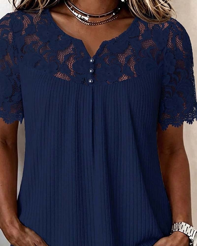 Blusa de encaje patchwork de manga corta