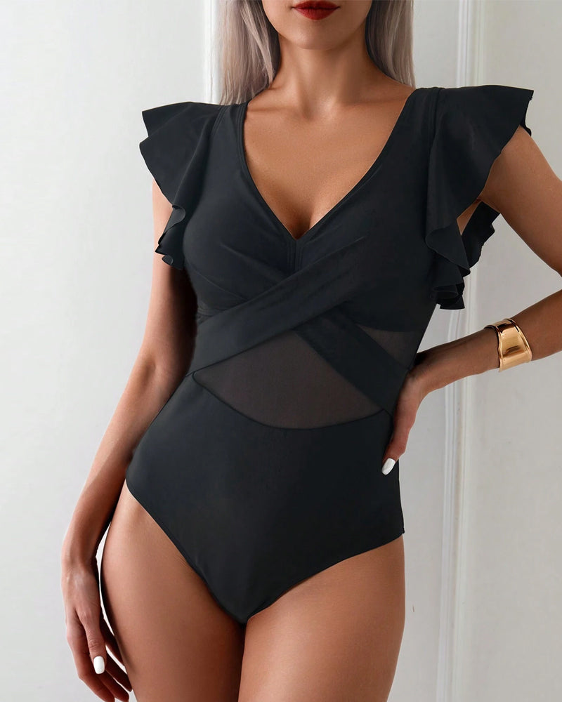 Traje de baño de una pieza con volante de malla