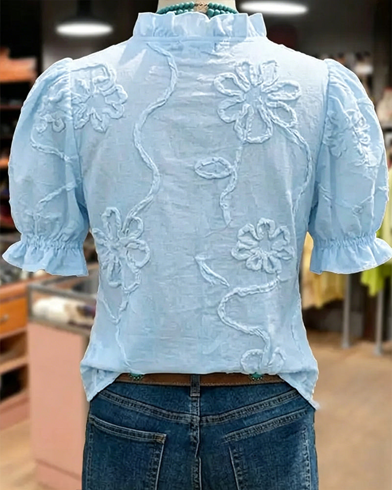 Blusa cuello en V con borde volante y manga abullonada