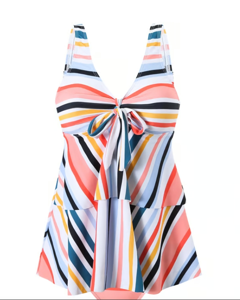 Bikini de dos piezas con top de triángulo a rayas y encaje