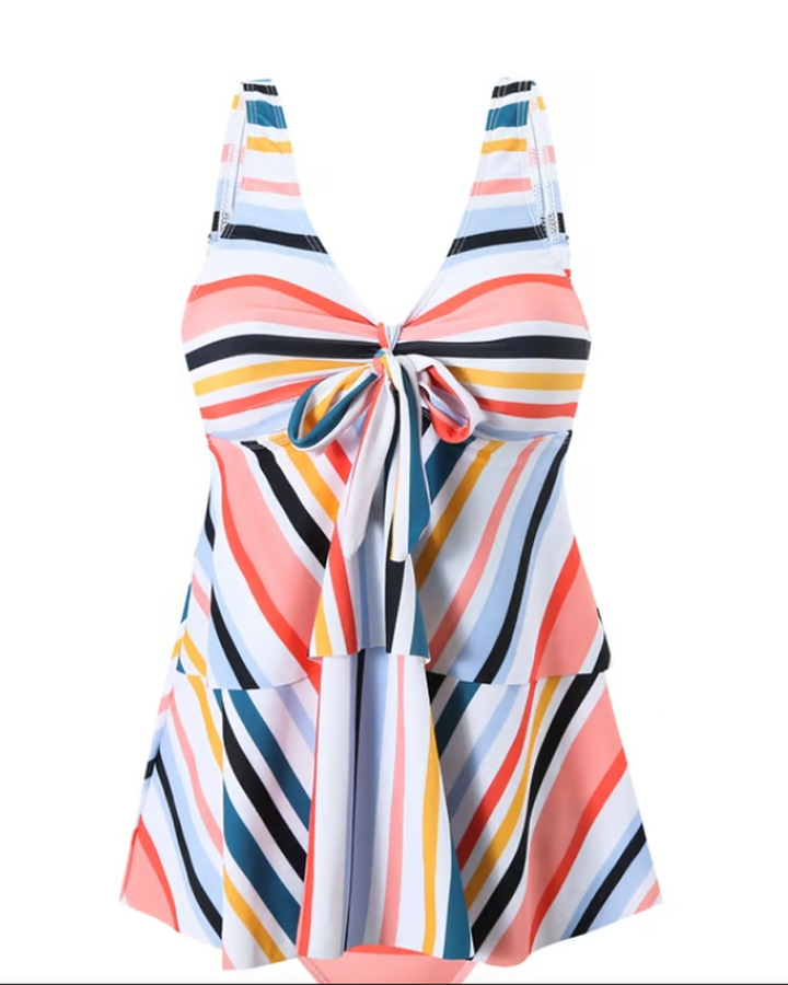Bikini de dos piezas con top de triángulo a rayas y encaje
