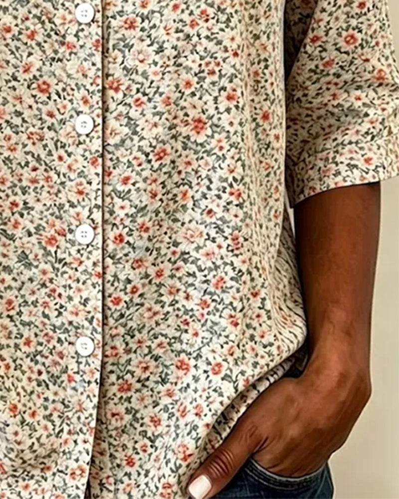 Blusas de cuello redondo con botones, estampado floral, manga 3/4