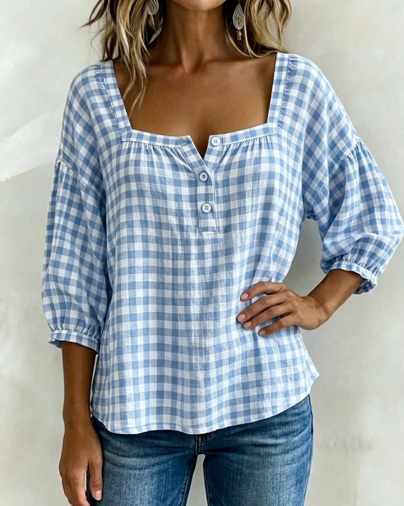 Blusa de cuello cuadrado con botones, estampado escocés