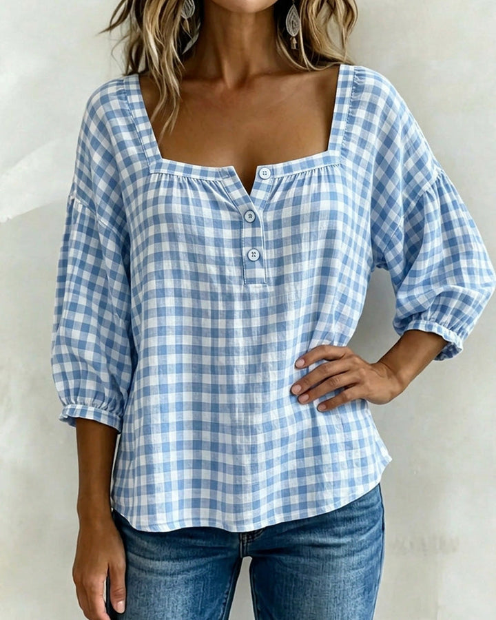 Blusa de cuello cuadrado con botones, estampado escocés
