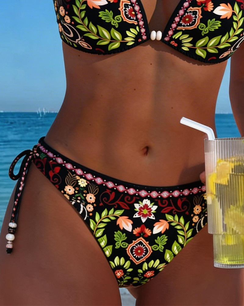 Bikini de estilo étnico floral con escote y nudo en el cuello, de dos piezas