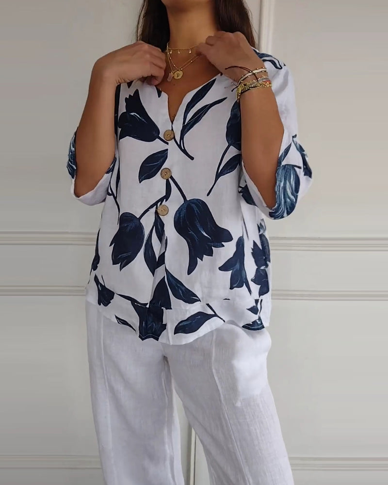 Top abotonado de algodón y lino con estampado floral