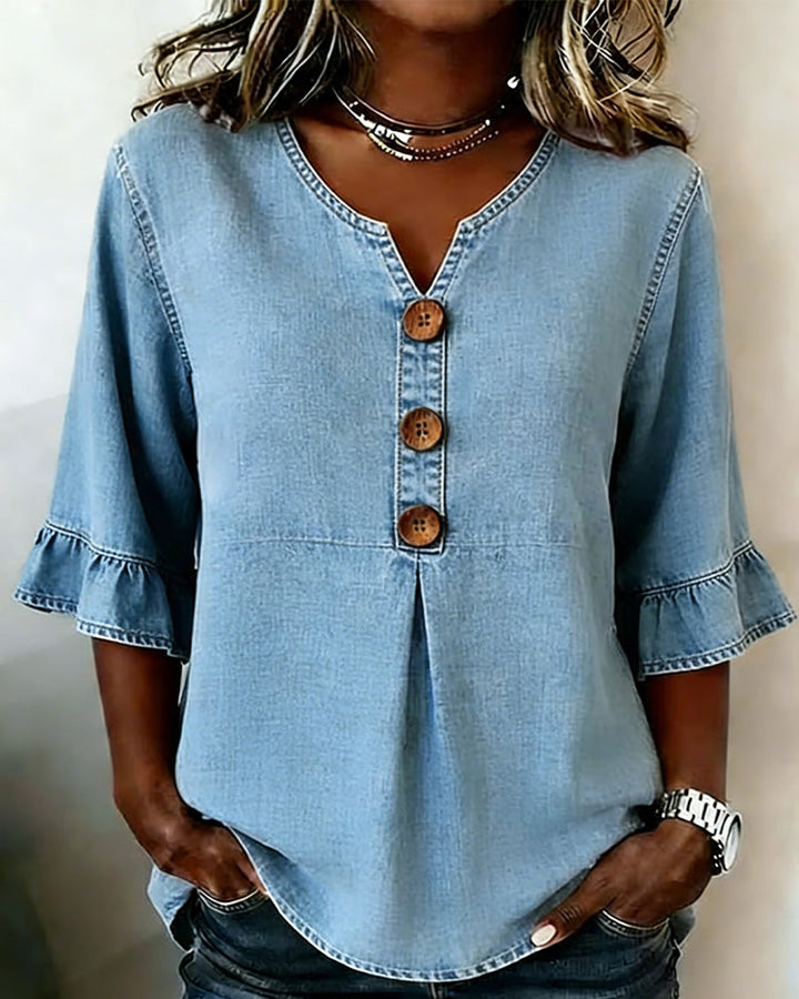Blusa vaquera de cuello en V con manga acampanada