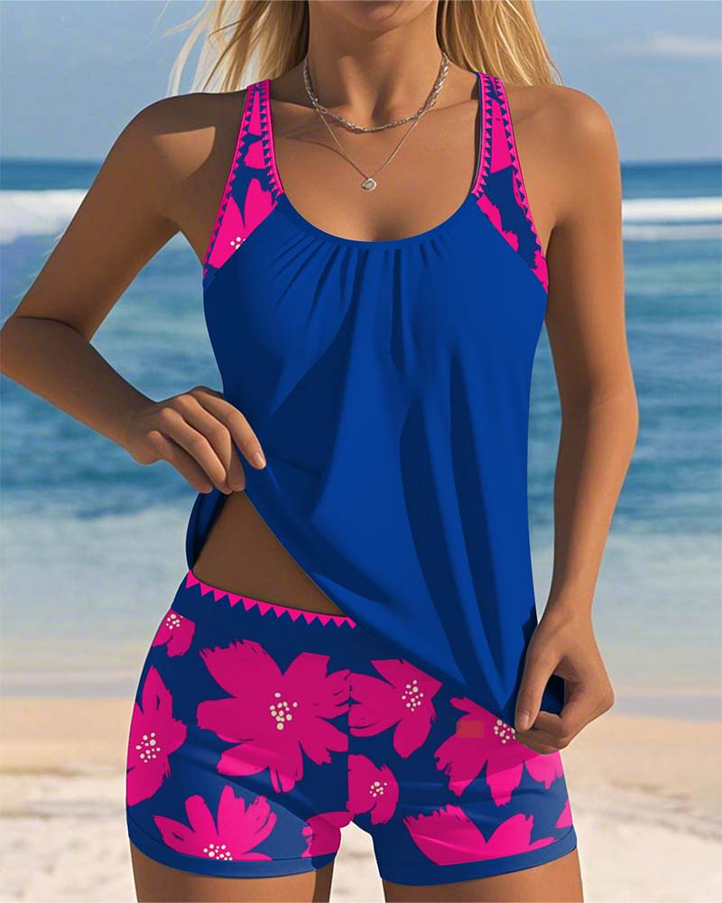 Tankini con escote en U, sin mangas, estampado tipo boxer
