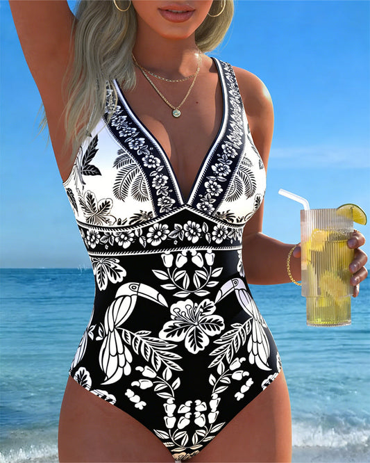 Traje de baño de una pieza tropical con flor y ave