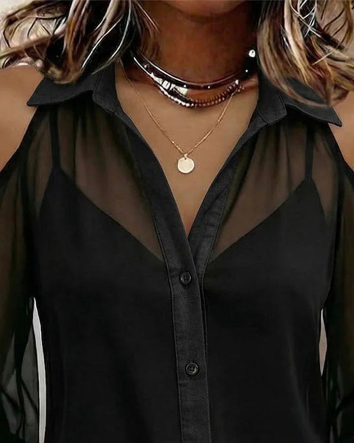 Conjunto de dos piezas: blusa transparente con escote de hombros descubiertos y camisola