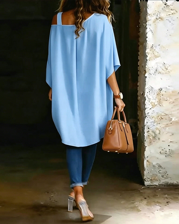 Blusa asimétrica de hombro al descubierto, de color liso y casual