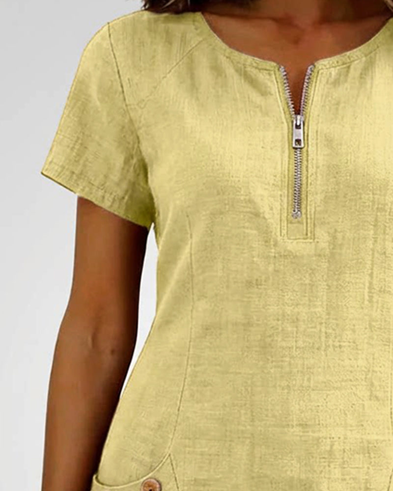 Vestido con cierre de cremallera y bolsillo, de algodón y lino.