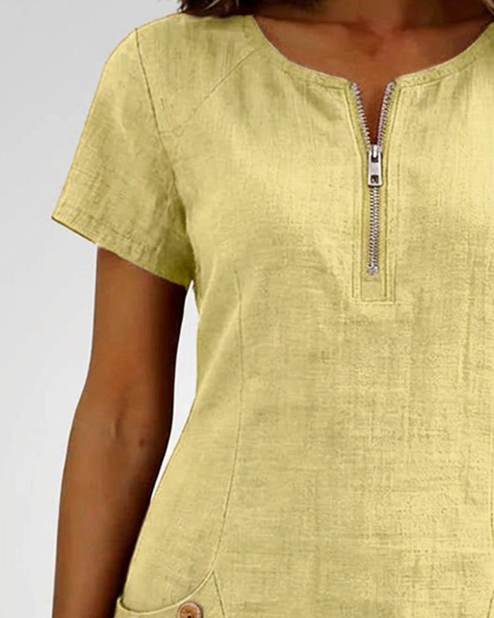 Vestido con cierre de cremallera y bolsillo, de algodón y lino.