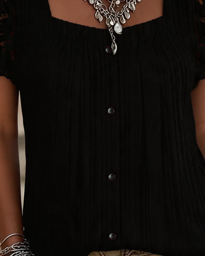 Blusa con escote cuadrado acanalado, encaje y patchwork