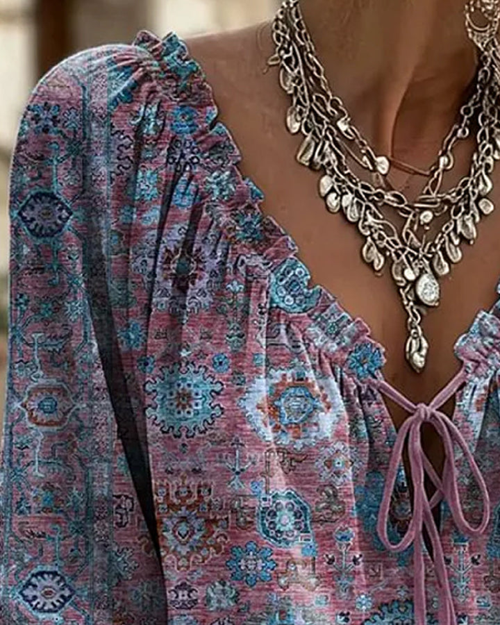 Blusa de escote en V con lazo, estampado vintage