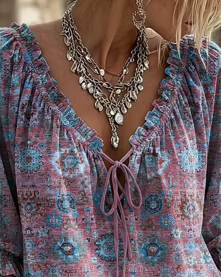 Blusa de escote en V con lazo, estampado vintage