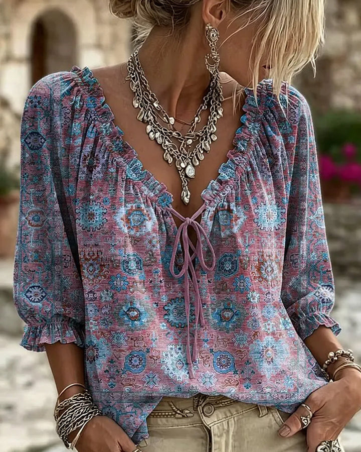 Blusa de escote en V con lazo, estampado vintage