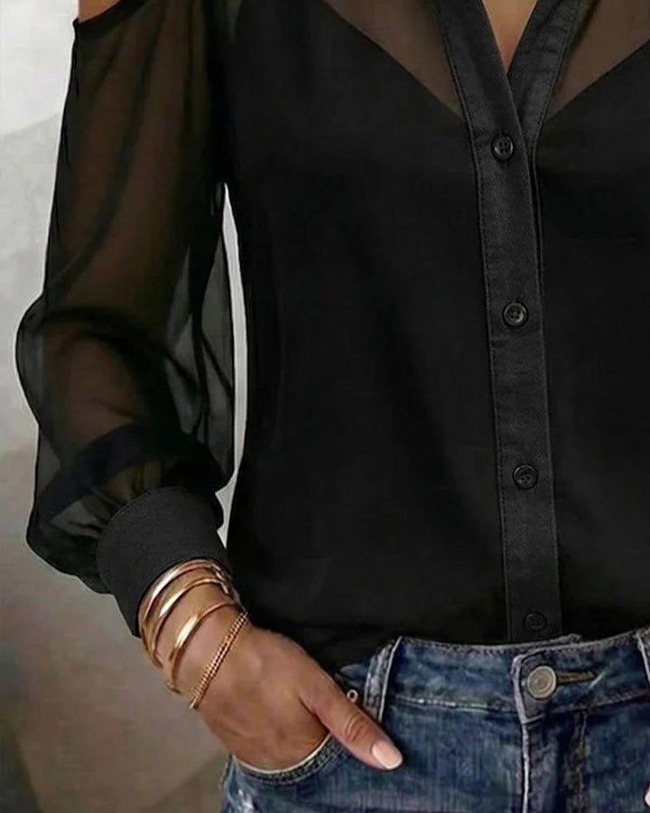 Conjunto de dos piezas: blusa transparente con escote de hombros descubiertos y camisola
