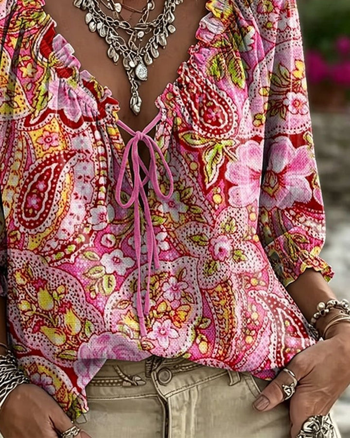Blusa de escote en V con lazo, estampada, mangas globo