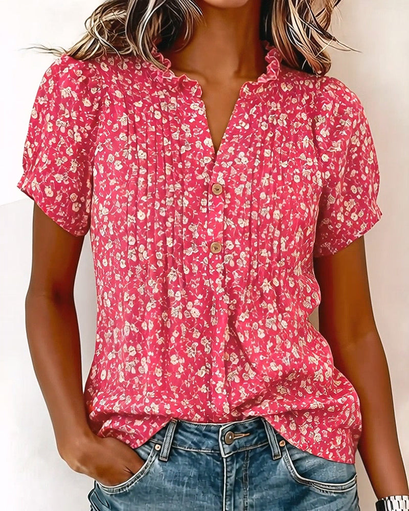 Blusa de escote en V con botones, estampado floral