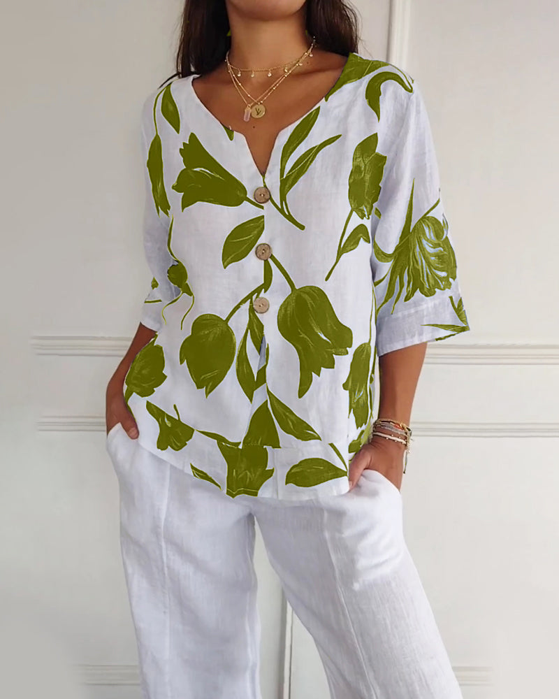 Top abotonado de algodón y lino con estampado floral