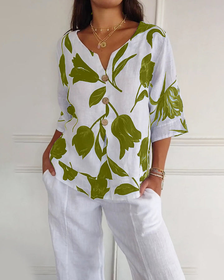 Top abotonado de algodón y lino con estampado floral