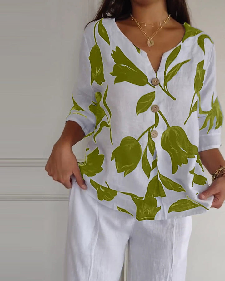 Top abotonado de algodón y lino con estampado floral