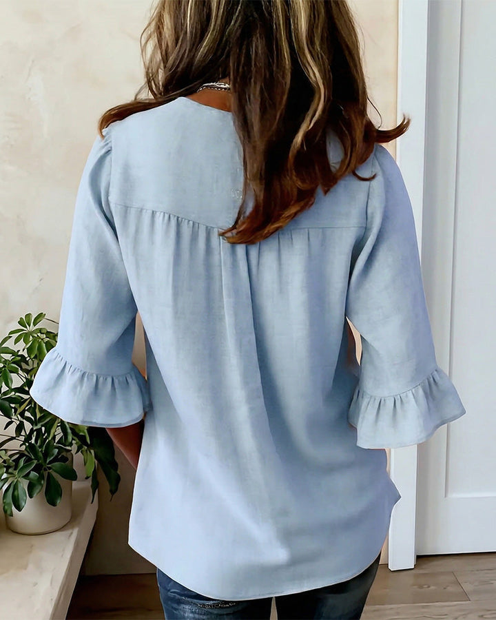 Blusas lisas de algodón-lino con botones de madera y volantes